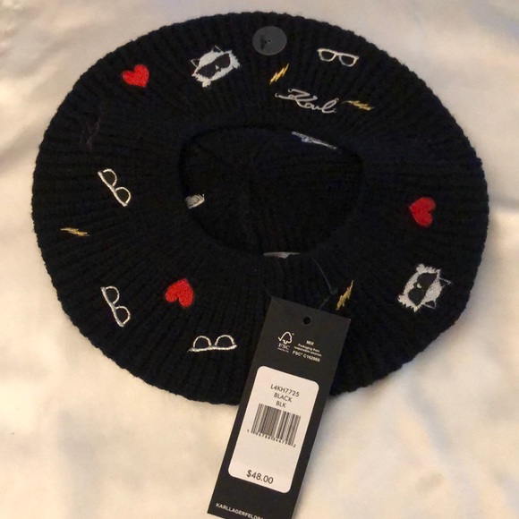 Karl Lagerfeld Paris Karl Icons Embroidered Knit Beret Color Black OS NWT - Picture 5 of 14